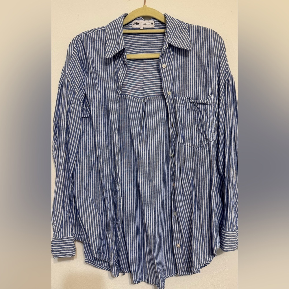 Zara Striped Button-Down Shirt in Blue and White